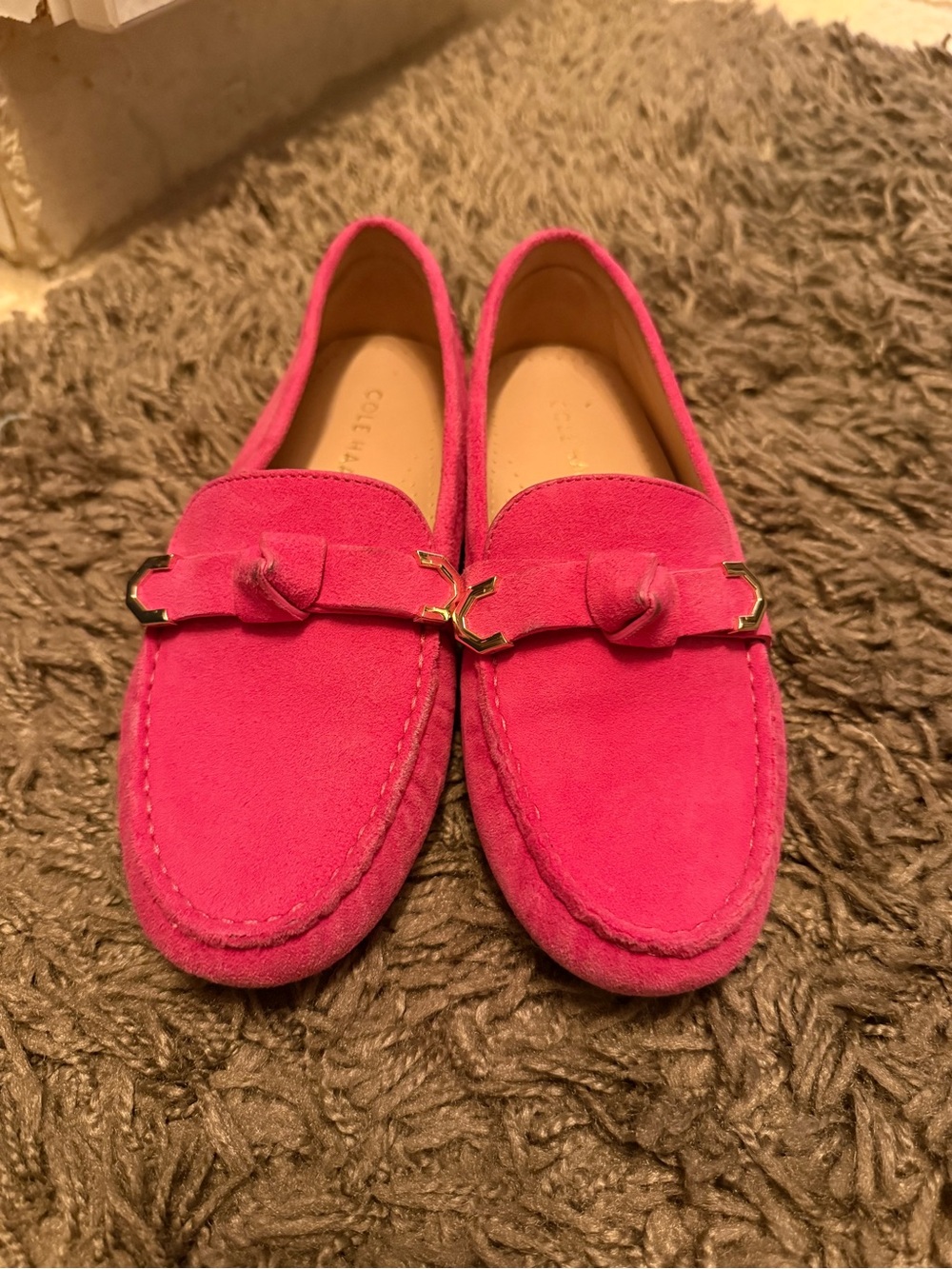 Cole Haan Hot Pink Suede Loafers with Gold Accent Evelyn